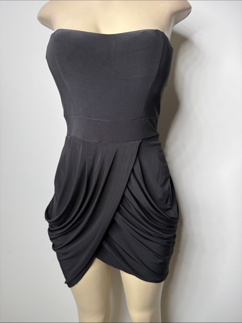 Fashion Magazine Strapless Black Draped Mini Dress